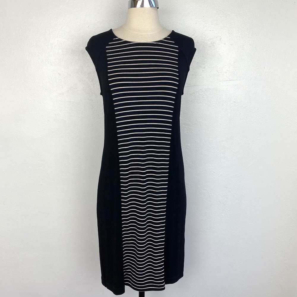 Chico Travelers Black Sheath Dress Womens Size 0 Small Knit Stripe Front Panel